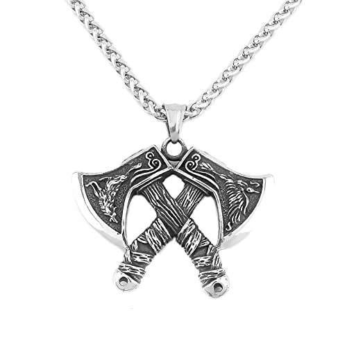 DFWY Wikinger Axt Anhänger Halskette Für Männer Frauen - Nordic Odin Wolf Crow Doppelaxt Edelstahl Amulett -Vintage Mittelalterlichen Gotischen Charme Heidnischen Schmuck von DFWY