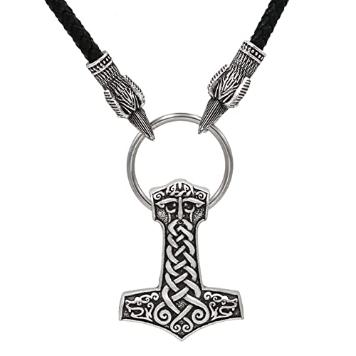 DFWY Wikinger Odin Thors Hammer Anhänger Lederhalskette – Nordischer Keltischer Knoten Mjolnir Rabenkopf Geflochtenes Seil Amulett – Handgefertigter Gotischer Heidnischer Tierpiratenschmuck von DFWY