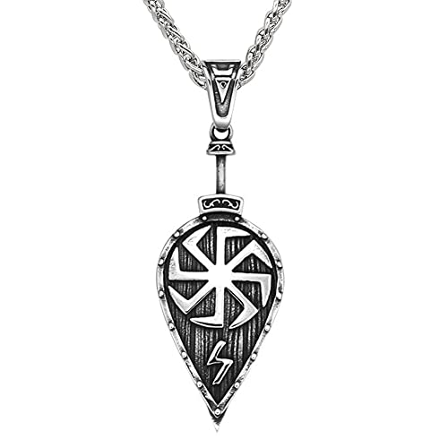 DFWY Wikinger Slawischer Schild Anhänger Halskette, Männer Frauen Edelstahl Kolovrat Symbol Amulett Schmuck, Nordischer Keltischer Heidnischer Schutz Skandinavisches Zubehör (Color : Silver) von DFWY