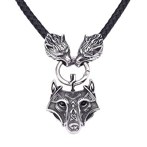 DFWY Wikinger Wolfskopf Anhänger Leder Halskette Für Männer, Geflochtene Lederkette Mit Keltischem Wolf Aus Nordischem Edelstahl, Skandinavischer Schmuck des Nordischen Heidnischen Tieramuletts von DFWY