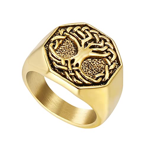 DFWY Yggdrasil Ring Aus Edelstahl Für Herren, Nordic Viking Baum Des Lebens Kelten Knotenring, Vintage Classic Octagon Signet Biker Ring Weihnachts Eheringe Schmuck (Color : Gold, Size : 07) von DFWY