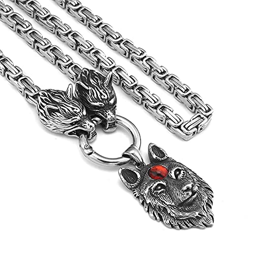 Herren Edelstahl Königskette Mit Wikinger Wolfskopf Anhänger Halskette, Handgefertigte Schwere Odin Fenrir Tieramulett, Gotischer Stil Vintage Charme Nordischer Schmuck ( Color : Red , Size : 60CM ) von DFWY