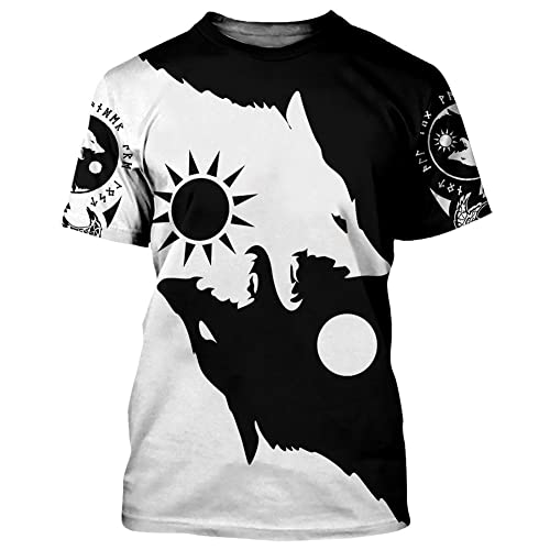 Herren Viking Wolf 3D Druck Neuheit T-Shirt Tops, Nordische Mythologie Odin Fenrir Tattoo Pullover T-Shirt Kurzarm, Sommer Harajuku Fashion Vintage Celtic Pagan Streetwear von DFWY