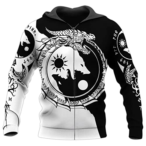 Herren Viking Yin Yang Wolf Kurzarm-Kapuzenpulli Mit Reißverschluss,Norse Myth Printed Tattoo Graphic Freizeitjacke Pullover,Sommermode Hip Hop Vintage Sport Streetwear (Color : Zipper, Size : M) von DFWY