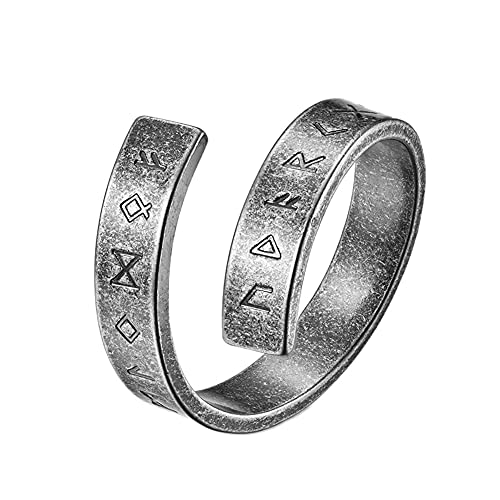 Nordic Viking Rune Ring Verstellbarer Offener Ring, Männer Frauen Elder Futhark Runen Ring, Edelstahl Band Ring Pagan Amulett Vintage Nordischen Schmuck Größe 7-12 ( Color : Iron Color , Size : 09 ) von DFWY