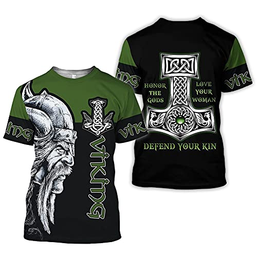 Nordische Mythologie Odin Thors Hammer Print Herren Viking T-Shirt, Damen Gothic Style Harajuku Tops Kurzarm, Fashion Vintage Large Size Streetwear (Color : Mjolnir A, Size : 4XL) von DFWY