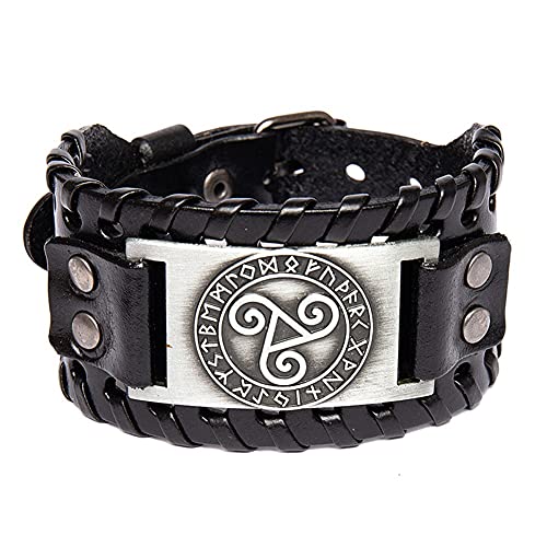 Nordische Runen Triskel Symbol Wikinger Lederarmband, Damen Herren Leder Manschette Armreif Amulett, Verstellbare Schnalle Breites Leder Geflochtenes Seil Armband Schmuck (Color : Silver) von DFWY