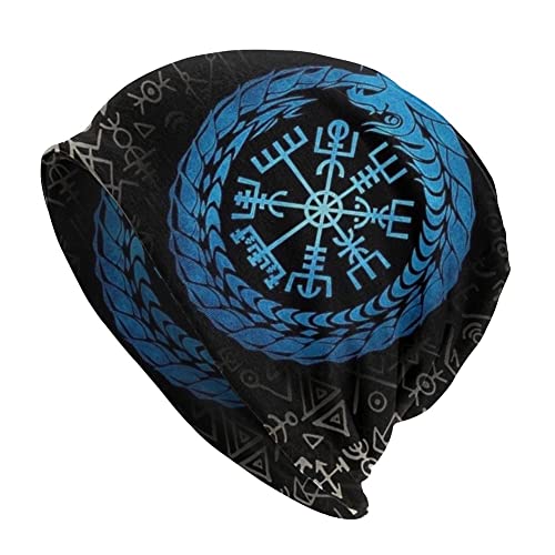 Norse Myth Viking Dünne Beanie-Mützen,Männer Frauen Thors Hammer Tattoo Bedruckte Mütze Slouchy Cap, Herbst Sommer Mode Weiche Vintage Doppelschicht Lässige Hüte (Color : Vegvisir 1, Size : Get One von DFWY