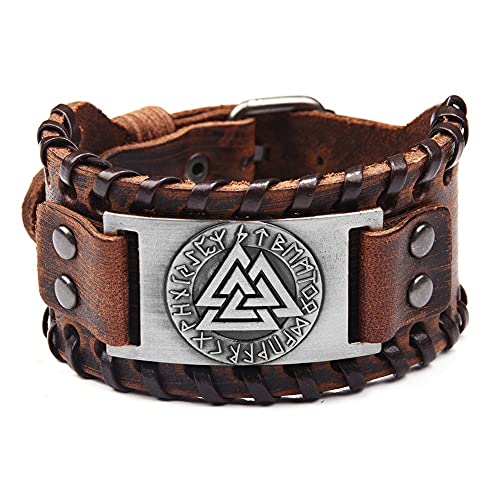 TQWSVUM Nordic Valknut Amulett Verstellbares Lederarmband, Herren Wikinger Odin Symbol Armreif Breite Armbänder, Mode Gothic Pagan Schmuck Vatertagsaccessoires(Brown) von DFWY