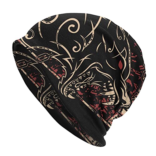 Viking Celtic Wolf Tattoo Beanie-Mütze for Herren, Nordischer Mythos Odin Fenrir 3D Gedruckte Dünne Mütze Slouchy Cap, Outdoor Adult Fashion Vintage Double Layer Protection Headwraps von DFWY