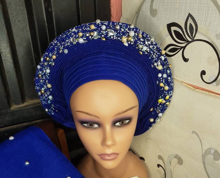 Royal Blau Handmade Ready To Wear African Verschönerte Auto Gele Mit Passender Schulter Schärpe von DFWear