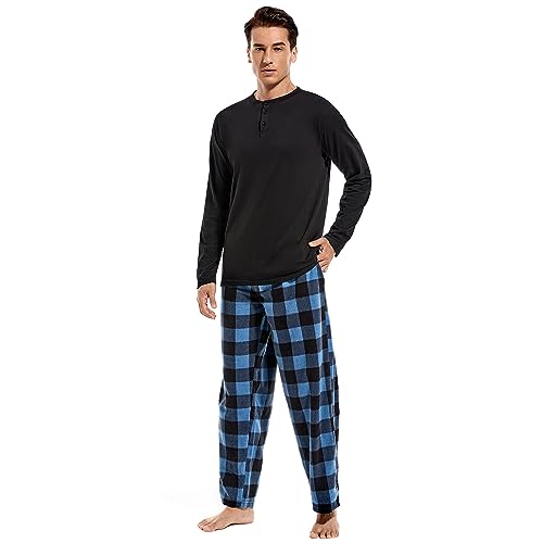 DG Hill (2 Stück) Fleece Leichtes Herren Pyjama Set Plaid Loungewear PJs Langarm Henley Shirt mit Pyjamahose, Blue Checkered, XXL von DG Hill