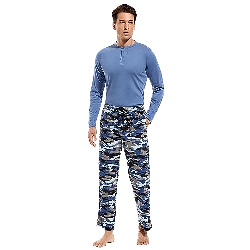 DG Hill Herren-Pyjamahose – 2er-Pack Pyjamahose und langärmeliges Hemd – Fleece-Schlafanzug, Flanell, kariert, passende Schlafhose, Blaues Camouflage, M von DG Hill