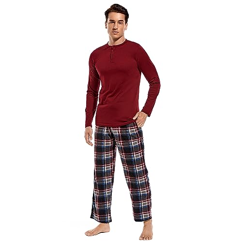 DG Hill Herren-Pyjamahose – 2er-Pack Pyjamahose und langärmeliges Hemd – Fleece-Schlafanzug, Flanell, kariert, passende Schlafhose, Kastanienbraun, mehrfarbig, M von DG Hill