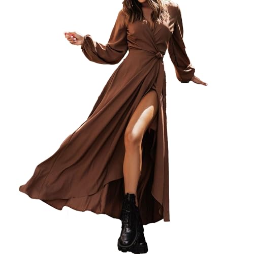DGCUPODE Damen Taille Krawatte Schlitz Langes Kleid Langärmelige Wickelkleider mit V-Ausschnitt Maxi Kleider Elegante Cocktail-Hochzeitspartykleider (Braun,M) von DGCUPODE