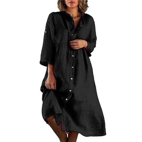 DGCUPODE Festes Hemdkleid mit Knöpfen für Damen 3/4 Ärmel Baumwolle Leinen Maxikleider Lässiges, langes Strandkleid (Schwarz,4XL) von DGCUPODE