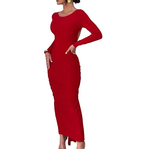 DGCUPODE Rückenfreie gerüschte Bodycon-Kleider für Damen Langärmelige Maxikleider mit Rundhalsausschnitt Slim Fit Party Club Cocktailkleid (Rot,S) von DGCUPODE
