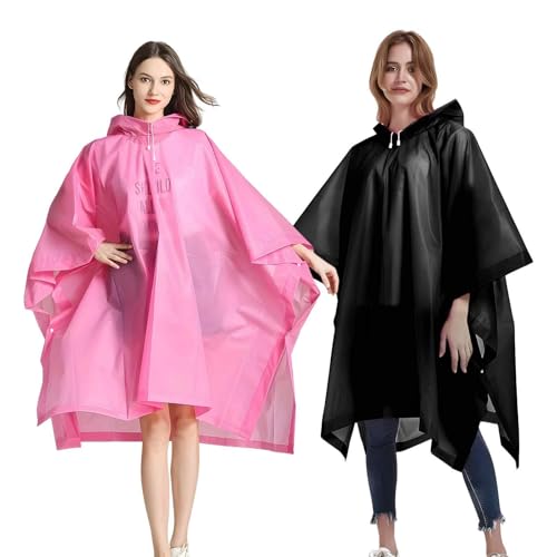 DGMI 2 Stück Wasserdicht Regencape für Damen Herren,Eva Wiederverwendbar Regenkleidung für Wandern Radfahren Camping Reisen(Pink,Schwarz) von DGMI