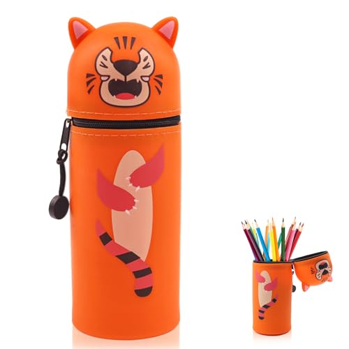 DGMI 2-in-1 Silikon Federmäppchen, Federtasche aus Weichem Silikon für Stifte, Federmappe und Stiftehalter, Unisex Kapazität Mäppchen, Tier Stifthalter, Niedliche Schule Geschenke für Kinder (Tiger) von DGMI