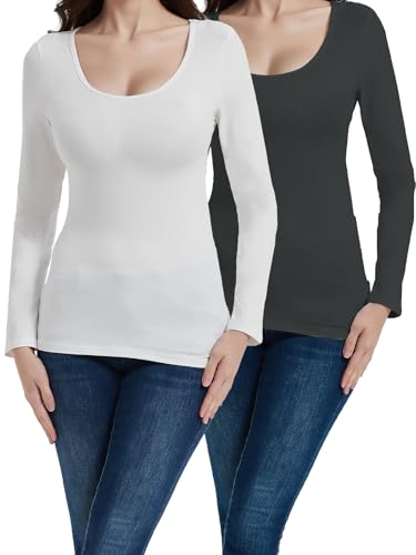 DGSHIRLDJO 2er Pack Damen Langarmshirt Schwarz und Weiß und Grau Stretch Basic Shirt Klassisch Sommer Langarm Top (DE/NL/SE/PL, Alphanumerisch, L, Regular, Regular, weiß und grau) von DGSHIRLDJO