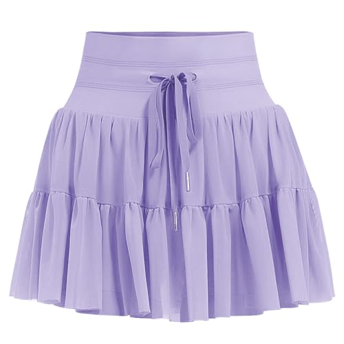 DGSHIRLDJO Tennisrock Damen mit Hose Kurz Hosenrock Hohe Taille Rüsche Sommerrock Faltenrock Golf Sportrock Workout Minirock (DE/NL/SE/PL, Alphanumerisch, L, Regular, Regular, Violett) von DGSHIRLDJO