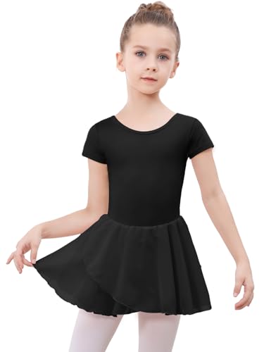 DGSHIRLDJO Kinder Ballettkleidung Mädchen Kurzarm Baumwolle Ballettkleid Balletttrikot Tanzkleid Tanzbody mit Chiffon Rock Tütü (DE/NL/SE/PL, Numerisch, 100, Regular, schwarz) von DGSHIRLDJO