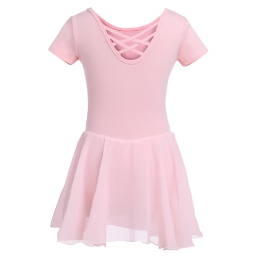 DGSHIRLDJO Kinder Ballettkleidung Mädchen Kurzarm Baumwolle Ballettkleid Balletttrikot Tanzkleid Tanzbody mit Chiffon Rock Tütü (DE/NL/SE/PL, Numerisch, 150, Regular, rosa) von DGSHIRLDJO