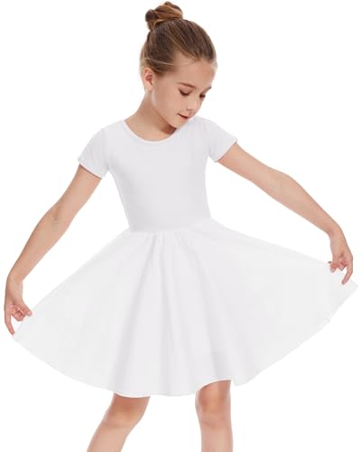 DGSHIRLDJO Mädchen Kleid Kurzarm Baumwolle Sommerkleid Solide Farbe A-Linie Twirly Skaterkleid Kleider für Mädchen 3-12 Jahre Partei Festliche Einschulung Prinzessin Hochzeit（6-7 Jahre,120，Weiß von DGSHIRLDJO
