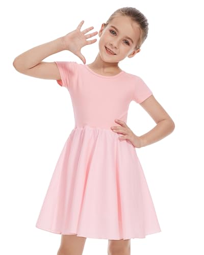 DGSHIRLDJO Mädchen Kleid Kurzarm Baumwolle Sommerkleid Solide Farbe A-Linie Twirly Skaterkleid Kleider für Mädchen 3-12 Jahre Partei Festliche Einschulung Prinzessin Hochzeit（9-10 Jahre,140，Rosa von DGSHIRLDJO