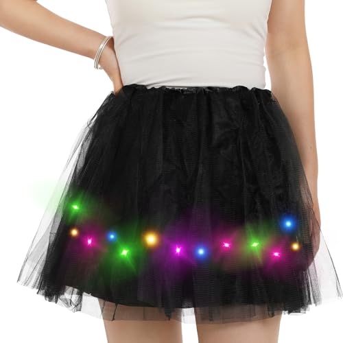 DGSHIRLDJO Tüllrock Damen,Tütü Rock Mit LED Lichter 4 Lagig Petticoat Tütü Adult Halloween Karneval Party Kostüm Tanzrock (DE/NL/SE/PL, Alphanumerisch, Einheitsgröße, Regular, Regular, Schwarz) von DGSHIRLDJO