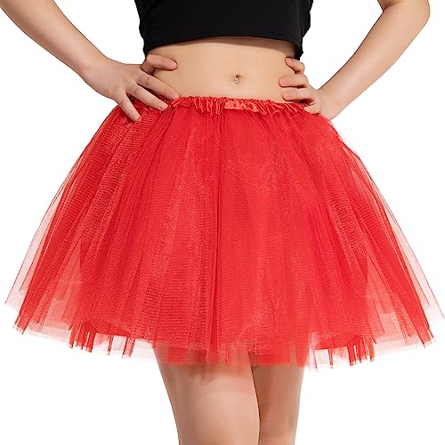 DGSHIRLDJO Tüllrock Damen Klassisch Elastisch 4 Lagig Petticoat Tüll Tüllrock Erwachsene Ballettrock Tüllrock Halloween Party Kostüm Tanzrock (rot) von DGSHIRLDJO