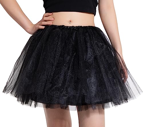 DGSHIRLDJO Tüllrock Damen Klassisch Elastisch 4 Lagig Petticoat Erwachsene Ballettrock Halloween Party Kostüm Tanzrock (Schwarz) von DGSHIRLDJO