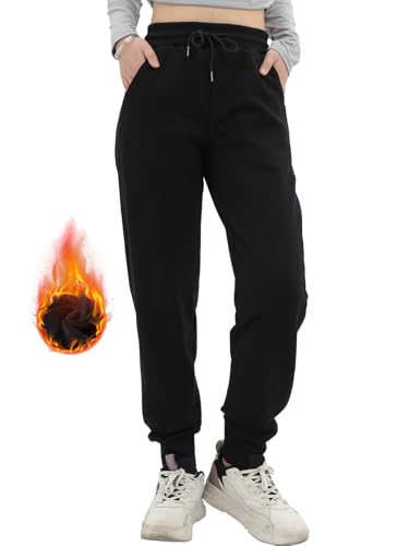 DGSHIRLDJO Warme Thermohose Damen Gefütterte Jogginghose Fleecehose Mit Taschen Kordelzug Laufhose Trainingshose Sportleggins Freizeithose Sweathose （Schwarz,XL） von DGSHIRLDJO