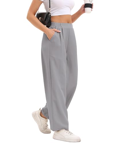 DGSHIRLDJO Weite Hose Damen Sommer Lässig Gerade Stoffhose Hohe Taille Lounge Elegante Business Hosen mit Taschen（L，Grau） von DGSHIRLDJO