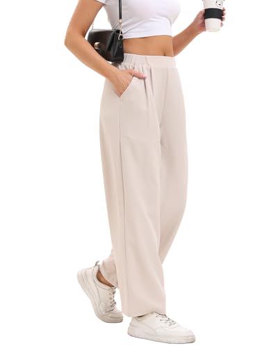 DGSHIRLDJO Weite Hose Damen Sommer Lässig Gerade Stoffhose Hohe Taille Lounge Elegante Business Hosen mit Taschen（M，Beige） von DGSHIRLDJO