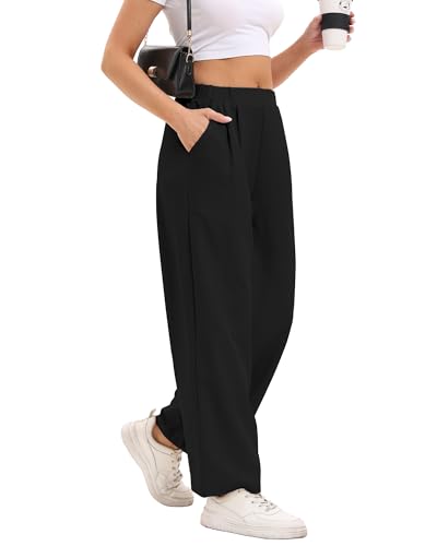 DGSHIRLDJO Weite Hose Damen Sommer Lässig Gerade Stoffhose Hohe Taille Lounge Elegante Business Hosen mit Taschen（S，Schwarz） von DGSHIRLDJO