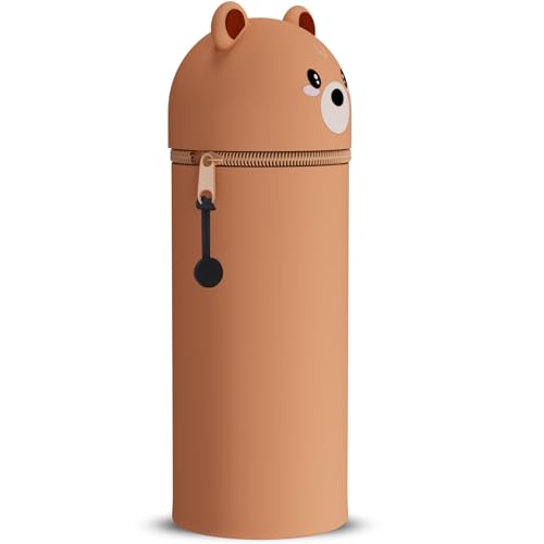 DGTSYAL 2-in-1 Weiche Federmäppchen - Kawaii mäppchen, Silikontasche, Stand Up Federmäppchen, Tier Stifthalter Bleistifttasche Mädchen Junge (Braunbär) von DGTSYAL