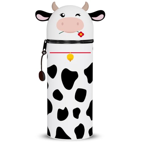 DGTSYAL 2-in-1 Weiche Federmäppchen - Kawaii Farm Silikontasche Federmäppchen, mäppchen - Stand Up, Tier Stifthalter, Stifte Mäppchen, Stifthalter Bleistifttasche Mädchen Junge (Kuh) von DGTSYAL