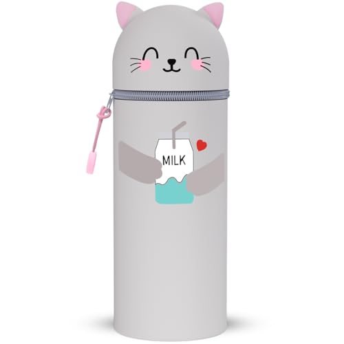 DGTSYAL 2-in-1 Weiche Federmäppchen - Kawaii mäppchen, Silikontasche, Stand Up Federmäppchen, Tier Stifthalter Bleistifttasche Mädchen Junge (Milchkatze) von DGTSYAL