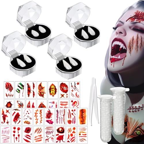 DGTSYAL 40pcs Vampir zähne Set- 30 Stück Halloween Tattoos, 4 Größen Vampir zähne mit 2 Tube Zahnpellets Kleber, für Cosplay, Requisiten, Halloween, Party, Dämon von DGTSYAL