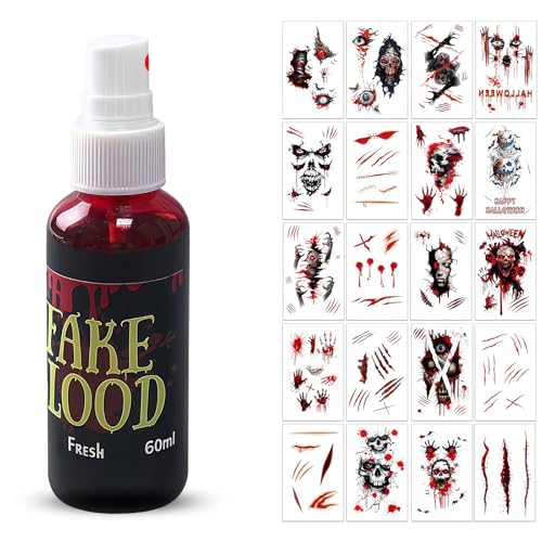 Kunstblut Halloween Fake Blood Set - 1Kunstblut Spray + 20 Narben Tattoo Halloween, Fake Blood Realistisch, Tattoo Gesicht, Abwaschbar für Karneval, Simulierte Wunden, Film, Theater, Unfug von DGTSYAL