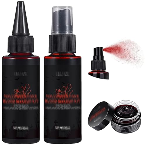 DGTSYAL Halloween Kunstblut 3er Set - 50ml Kunstblut Spray, 50g Geronnenes Blutplasma, 50ml Tropfendes Blut, Fake Blut Auswaschbar, Für Make Up Zombie, Vampir, Halloween, Karneval, Cosplay von DGTSYAL
