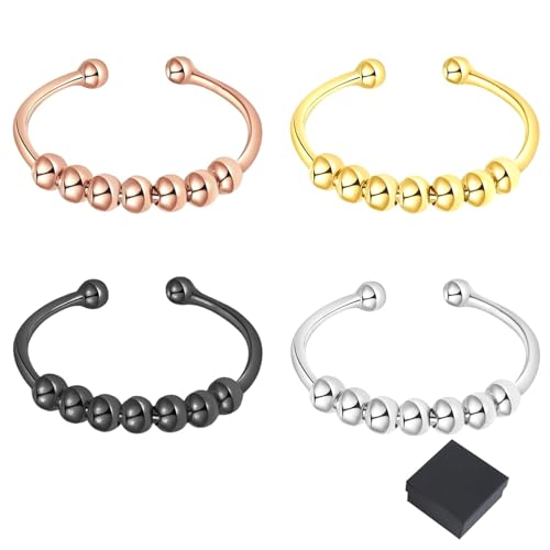 DGUSO 4 Stück Anti-Stress Ring Verstellbar für Frauen und Damen Mit Perlen, Offener Spinner Ring, Schwarze Geschenkbox - Stahlfarbe, Schwarz, Gold, Roségold von DGUSO