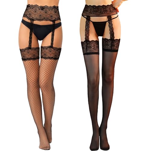 DGUSO Strapsstrümpfe 2 Paar Netzstrümpfe Strapsstrümpfe für Damen Nylonstrümpfe Damen Strapsstrumpfhose für Damen Netz Strapsen Strümpfe Damen Schlichte Dünne Fishnet Stockings (Schwarz) von DGUSO