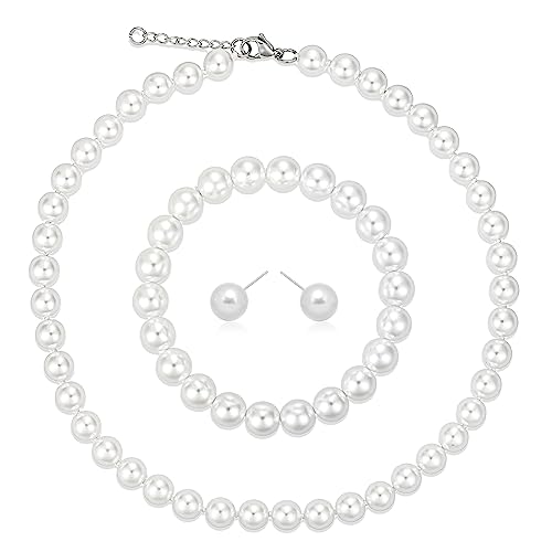Perlenkette Herren 8mm Perlenkette Damen Perlenkette für Herren Faux 18 Zoll Weiße Runde Simulierte Muschelperlen Kette Perlen Ketten Herren Perlenkette Weiß, mit 1Perlen-Ohrstecker, 1Perlenarmband von DGUSO