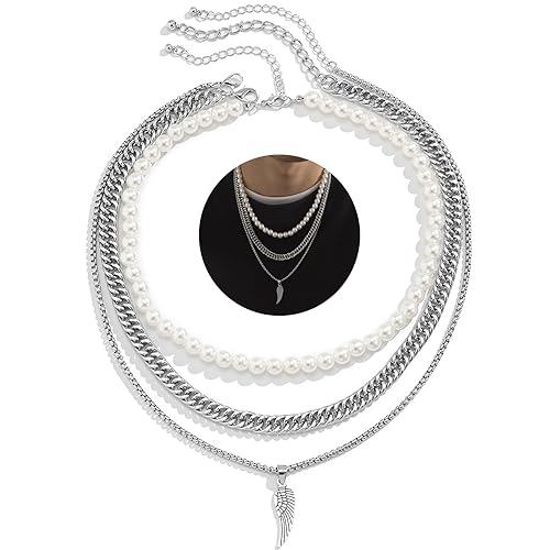 Perlenkette Herren 17-Zoll-Perlenkette Herren Weiß Pack Herren Halskette Unisex-Pearl Necklace, Herren Perlenkette 3 Stück Feder-Perlen-Anhänger für Herren Perlen Kette Herren für Party, Geburtstag von DGUSO