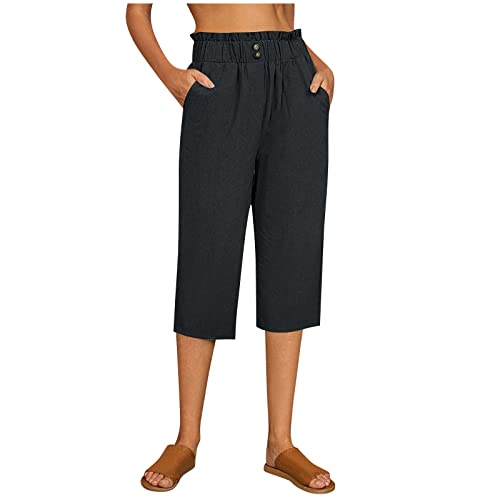 DGZTWLL Caprihose für Damen, lässig, Sommer, Baumwolle, Leinen, 3/4-Hose, weites Bein, Caprihose, leicht, Baggy, Cropped, Lounge-Hose, Z2-black, Groß von DGZTWLL