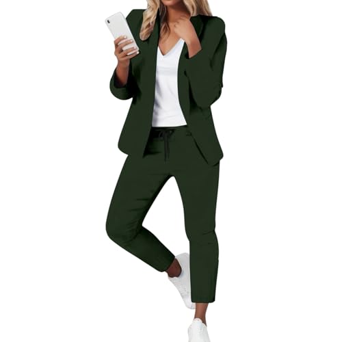 DGZTWLL Damen Hosenanzug Elegant 2 Teilig Langarm Business Anzug Set Zweiteiler Einfarbig Blazer Hose Festlich Lange Hosenanzüge Sportlich Slimfit Streetwear Frauen Baumwolle Freizeitanzug von DGZTWLL