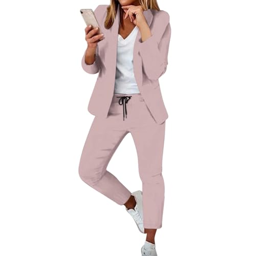 DGZTWLL Damen Hosenanzug Elegant 2 Teilig Langarm Business Anzug Set Zweiteiler Einfarbig Blazer Hose Festlich Lange Hosenanzüge Sportlich Slimfit Streetwear Frauen Baumwolle Freizeitanzug von DGZTWLL