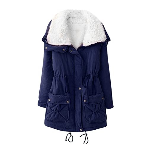 DGZTWLL Damen-Parka-Jacke, mit Fleece gefüttert, winddicht, verstaubar, isoliert, Wintermode, flauschiger Mantel, Outwear, Taschen, Pufferweste für Damen, A2-Marineblau, 38 von DGZTWLL